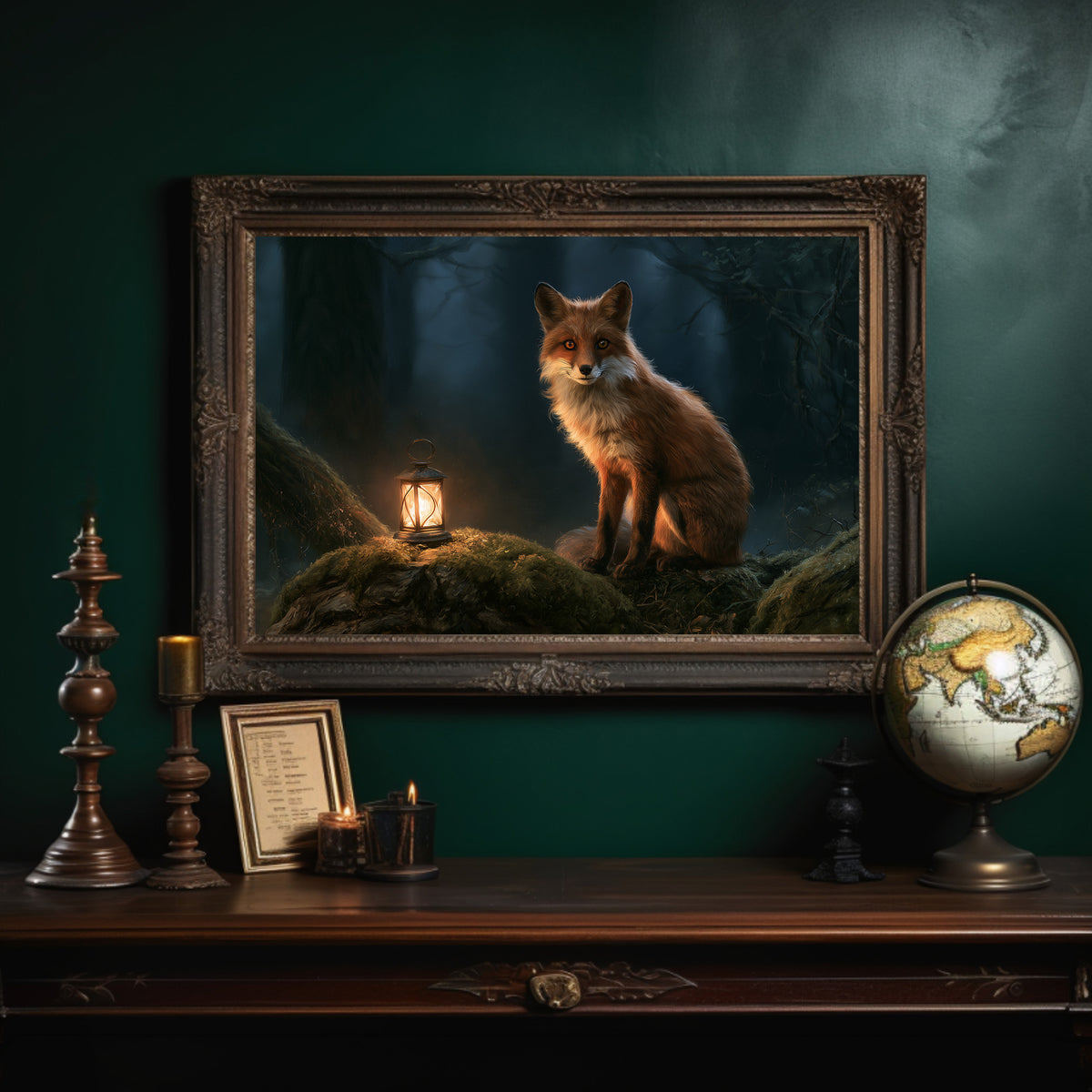 Ember Fox on the Moss Bank, a red fox sitting on a mossy bank beside a glowing lantern in a dark teal forest, storybook oil painting, in an ornate dark frame on a deep green wall above a mantel with a globe and candles