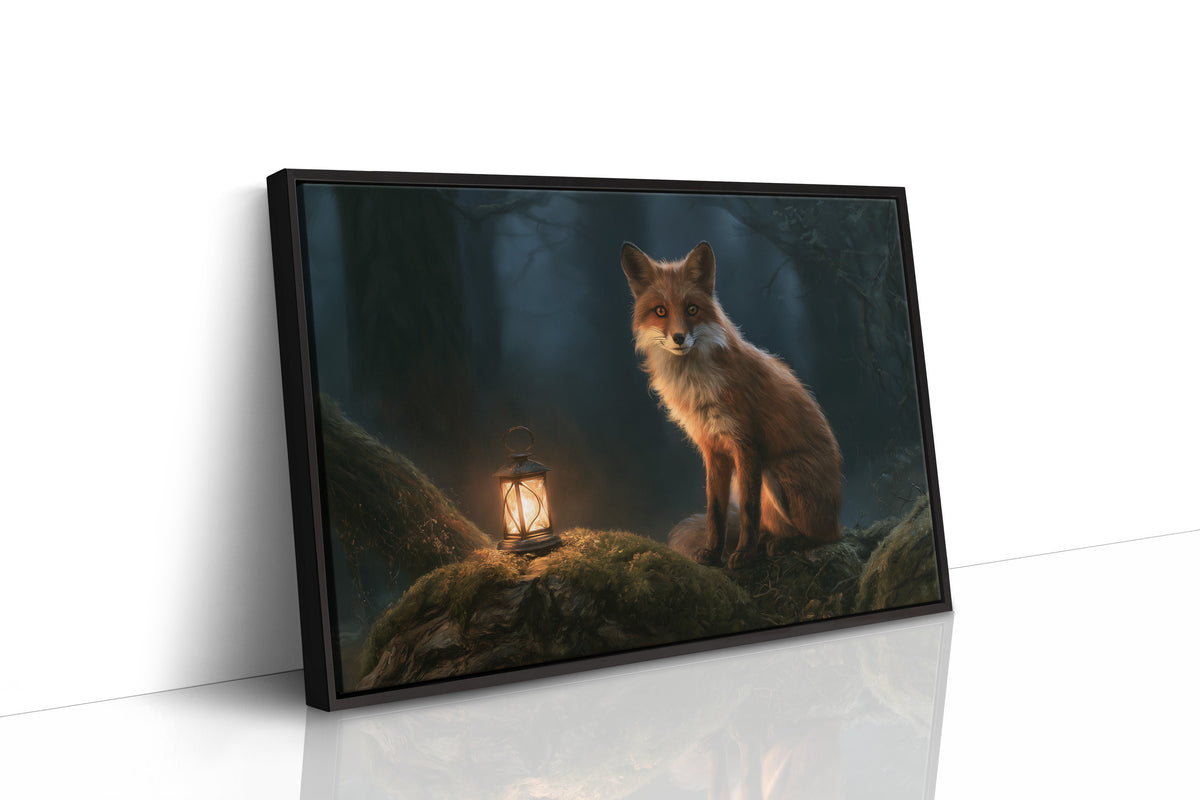 Ember Fox on the Moss Bank, a red fox sitting on a mossy bank beside a glowing lantern in a dark teal forest, storybook oil painting, as a framed canvas in a black frame