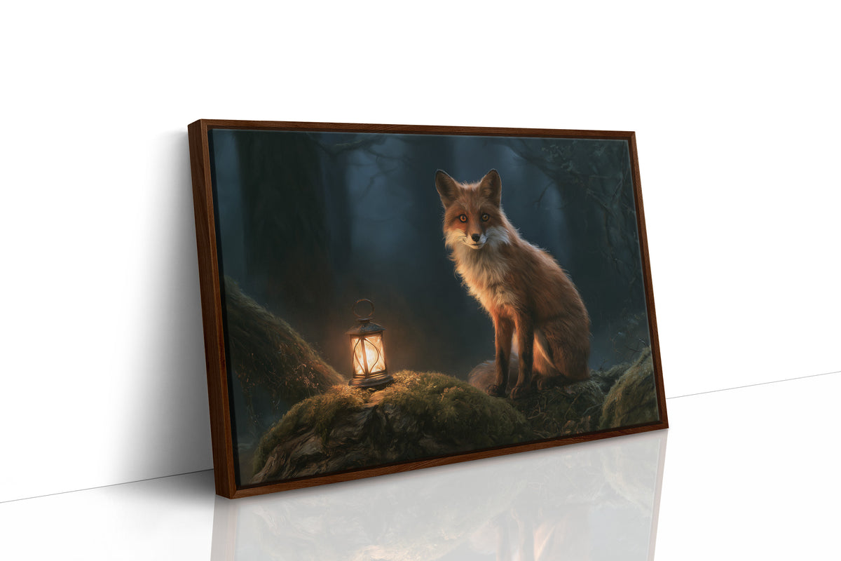 Ember Fox on the Moss Bank, a red fox sitting on a mossy bank beside a glowing lantern in a dark teal forest, storybook oil painting, as a framed canvas in a brown frame