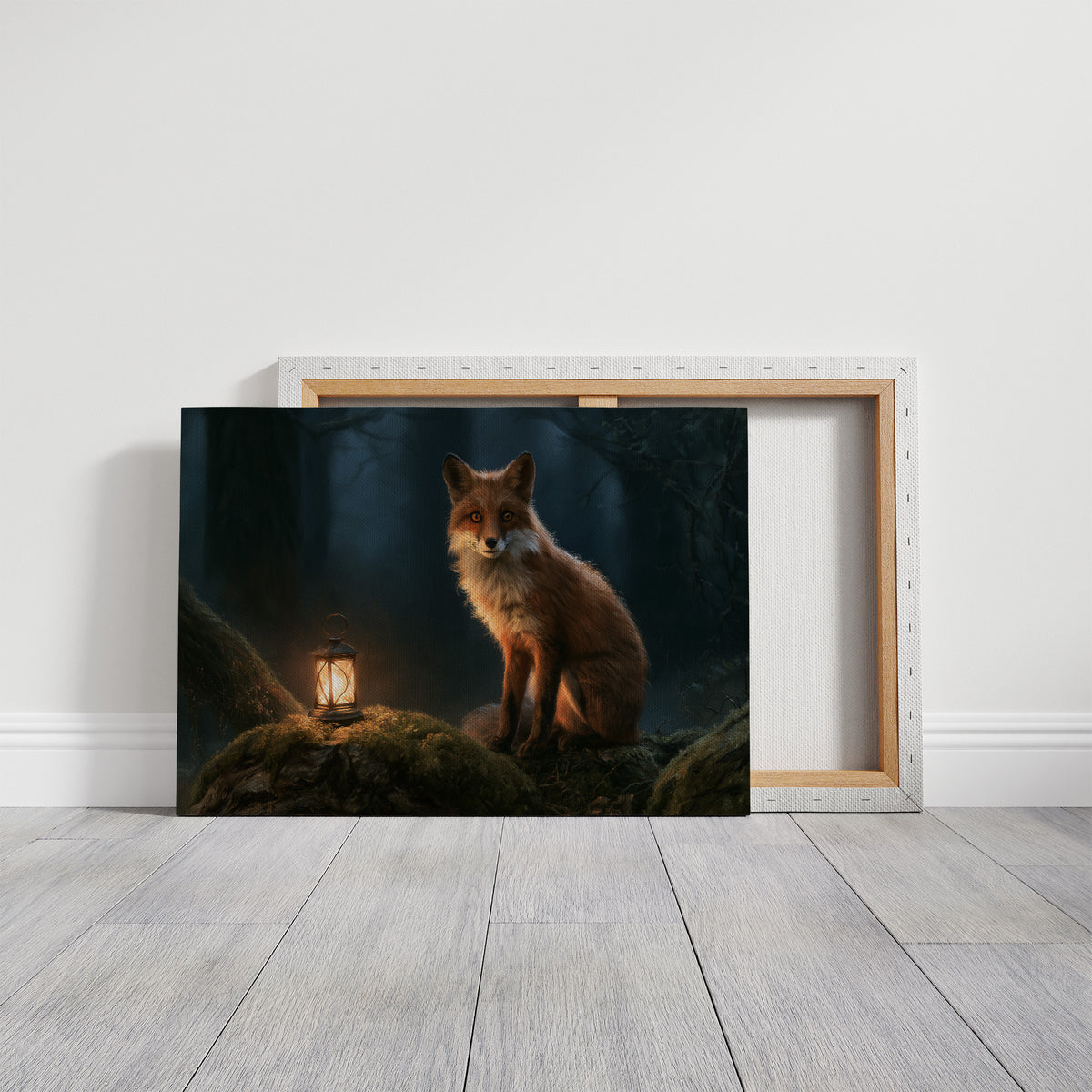 Ember Fox on the Moss Bank, a red fox sitting on a mossy bank beside a glowing lantern in a dark teal forest, storybook oil painting, on a gallery canvas with wrapped edges leaning against a white wall