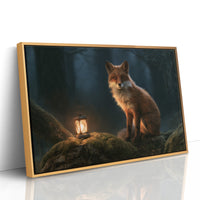 Ember Fox on the Moss Bank, a red fox sitting on a mossy bank beside a glowing lantern in a dark teal forest, storybook oil painting, as a framed canvas in a natural wood frame