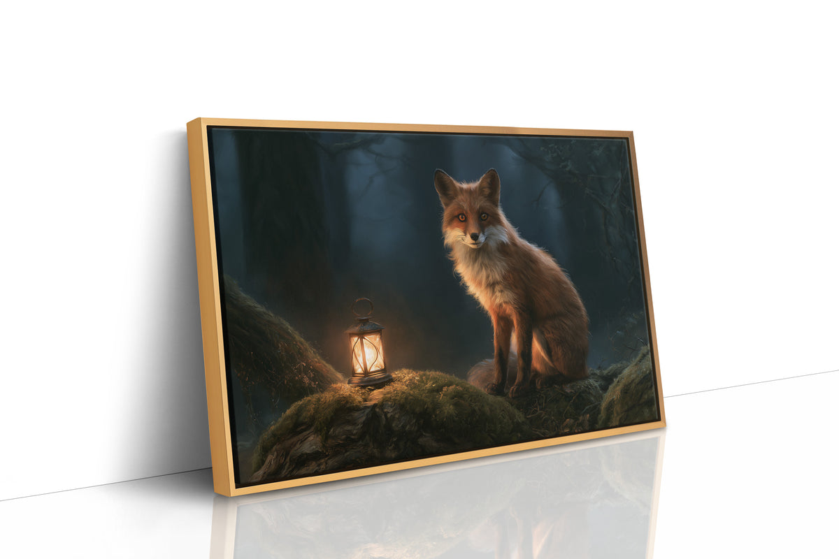 Ember Fox on the Moss Bank, a red fox sitting on a mossy bank beside a glowing lantern in a dark teal forest, storybook oil painting, as a framed canvas in a natural wood frame