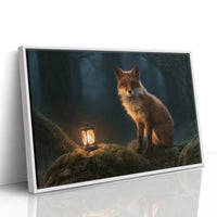 Ember Fox on the Moss Bank, a red fox sitting on a mossy bank beside a glowing lantern in a dark teal forest, storybook oil painting, as a framed canvas in a white frame