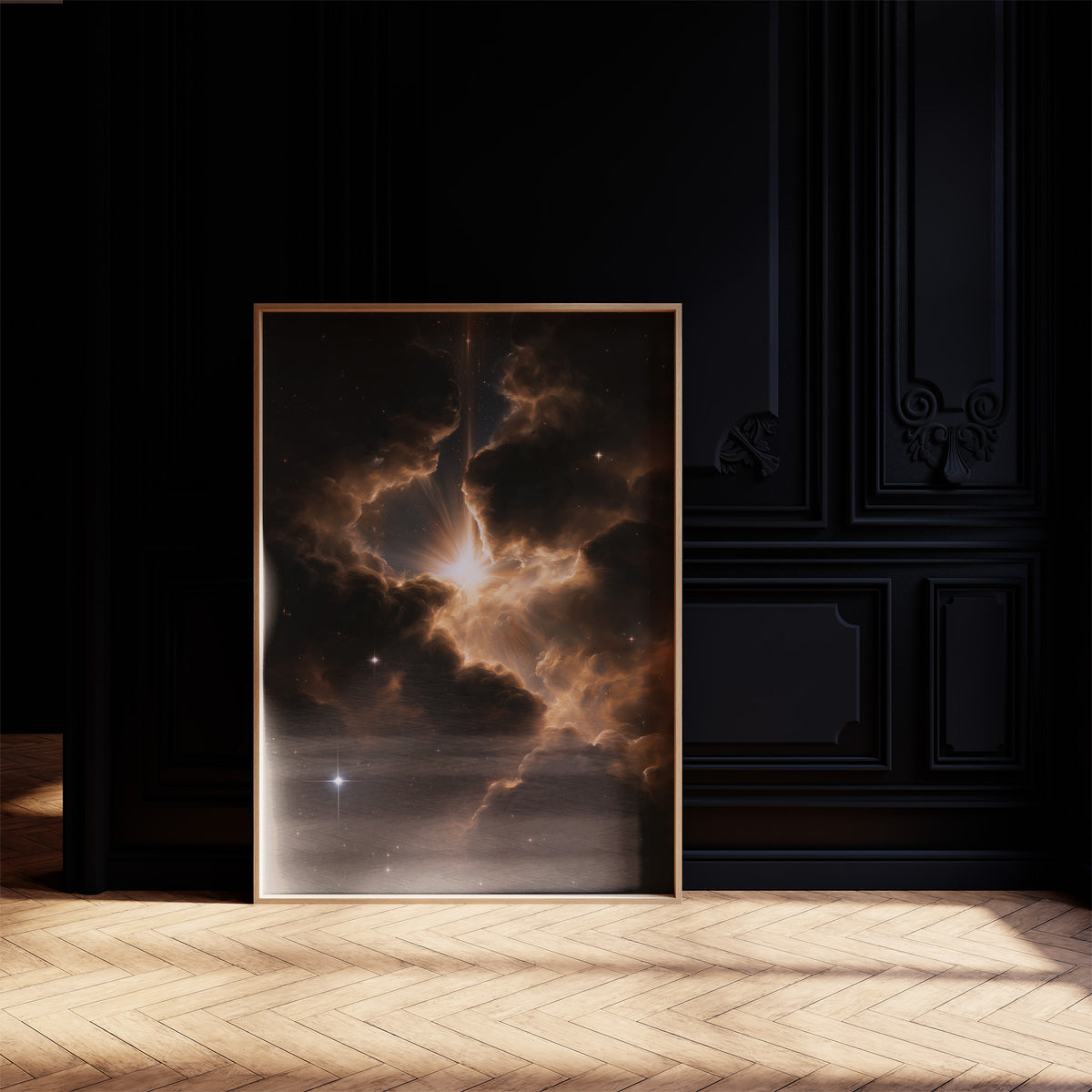 Embers Among the Cosmos, a nebula of gold and rust clouds glowing against a black sky dusted with small stars, painted in ember gold, umber and deep black, on a black paneled wall with sunlit herringbone floor