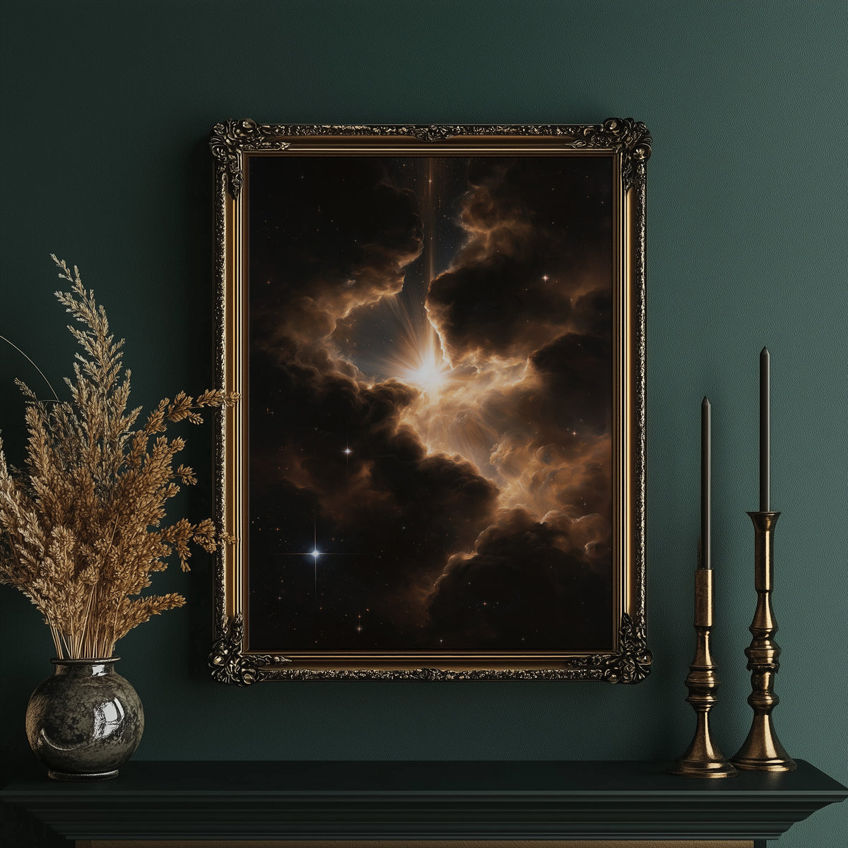 Embers Among the Cosmos, a nebula of gold and rust clouds glowing against a black sky dusted with small stars, painted in ember gold, umber and deep black, in an ornate gold frame on a deep green wall beside brass candlesticks