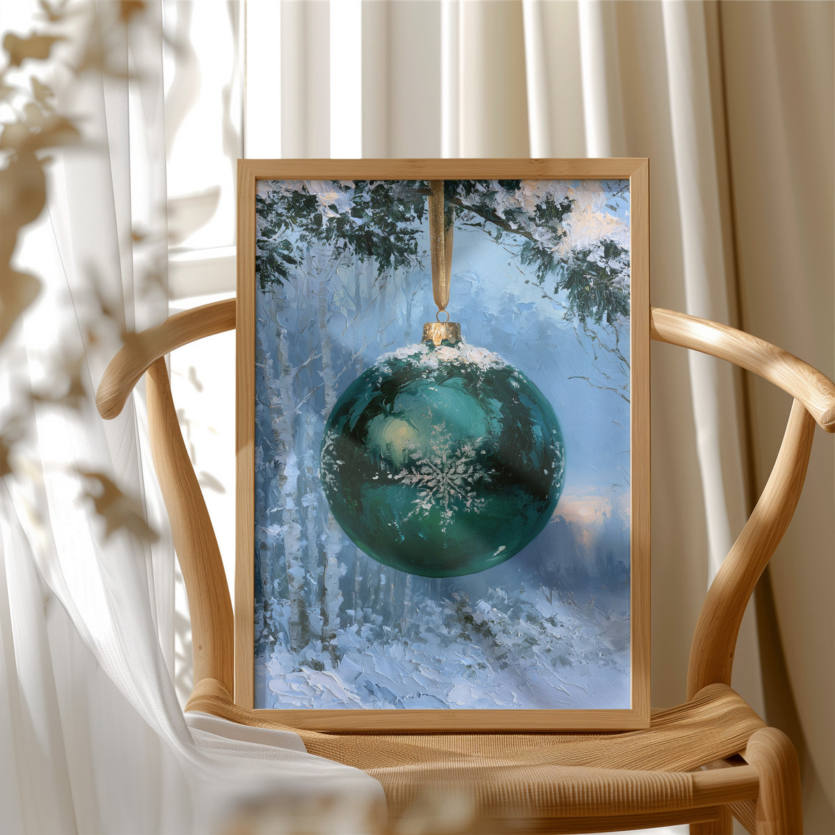 Emerald Light in the Snowlit Wood, a deep emerald glass bauble with a white snowflake on its face hangs from a gold cord in a snowy forest, with pale blue light and frosted pines behind, in a wood frame beside a wicker chair by a sunny window
