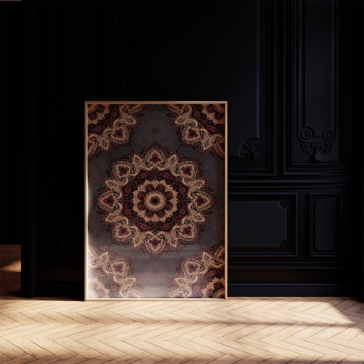 Every Circle Finds Its Center, a symmetrical mandala of gold filigree and maroon ornament on a charcoal ground, like a woven textile, on a black paneled wall with sunlit herringbone floor