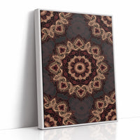 Every Circle Finds Its Center, a symmetrical mandala of gold filigree and maroon ornament on a charcoal ground, like a woven textile, as a framed canvas in a white frame