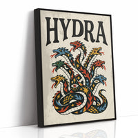 Every Head Grows Back Bolder, a many headed serpent with blue, red and gold scales rising in fans of heads, in a bold flash sheet style with a black lettered name across the top on a cream ground, as a framed canvas in a black frame