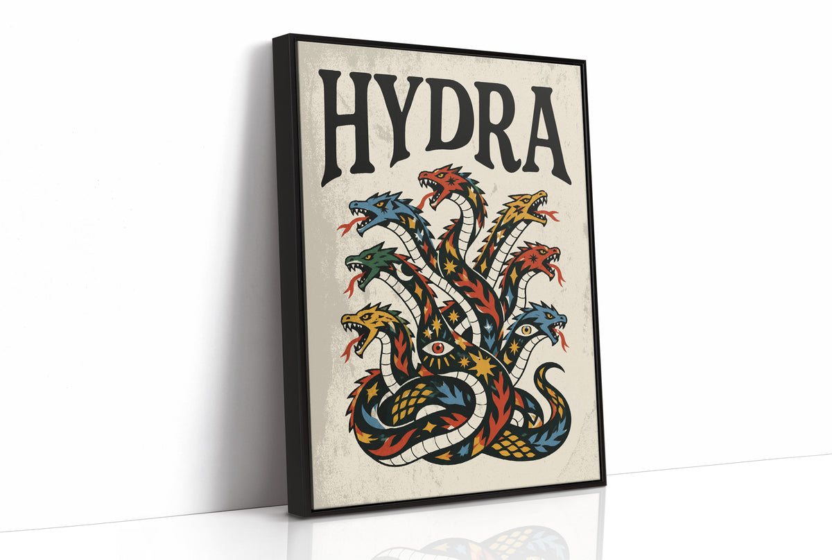 Every Head Grows Back Bolder, a many headed serpent with blue, red and gold scales rising in fans of heads, in a bold flash sheet style with a black lettered name across the top on a cream ground, as a framed canvas in a black frame