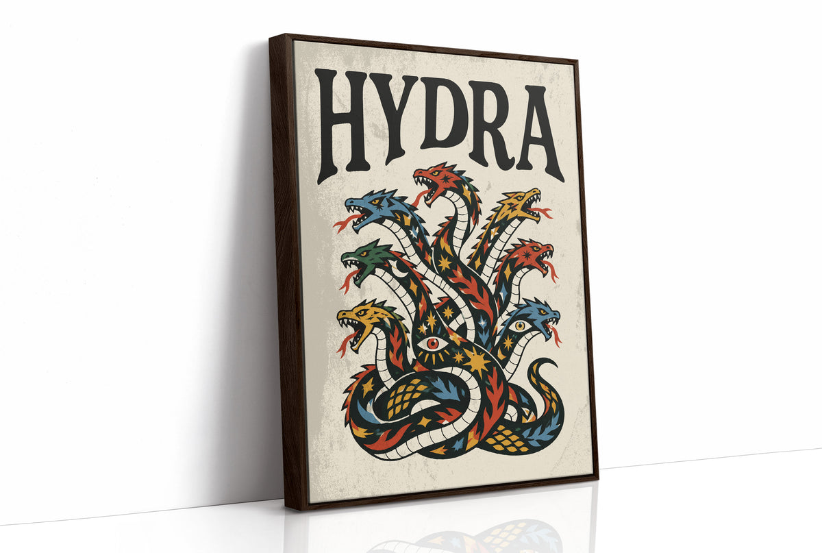 Every Head Grows Back Bolder, a many headed serpent with blue, red and gold scales rising in fans of heads, in a bold flash sheet style with a black lettered name across the top on a cream ground, as a framed canvas in a brown frame