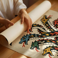 Every Head Grows Back Bolder, a many headed serpent with blue, red and gold scales rising in fans of heads, in a bold flash sheet style with a black lettered name across the top on a cream ground, as a matte poster, unframed
