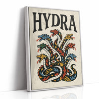 Every Head Grows Back Bolder, a many headed serpent with blue, red and gold scales rising in fans of heads, in a bold flash sheet style with a black lettered name across the top on a cream ground, as a framed canvas in a white frame