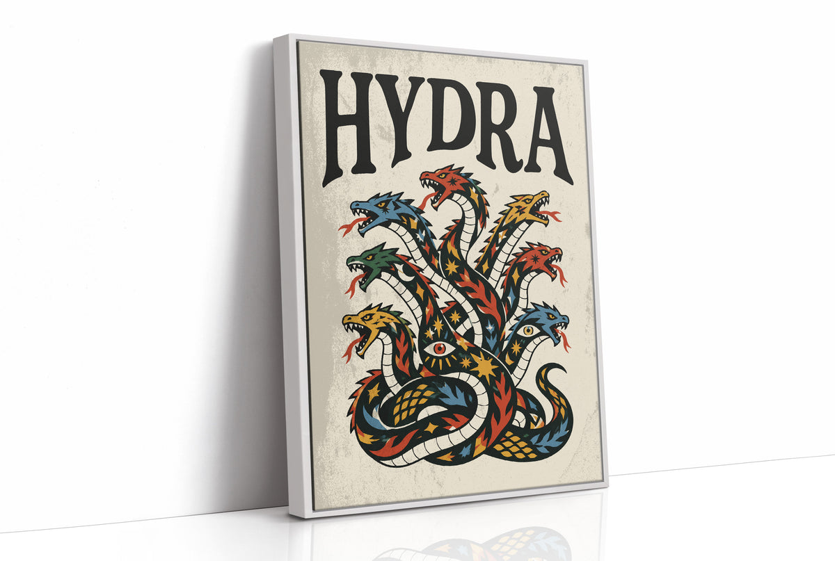 Every Head Grows Back Bolder, a many headed serpent with blue, red and gold scales rising in fans of heads, in a bold flash sheet style with a black lettered name across the top on a cream ground, as a framed canvas in a white frame