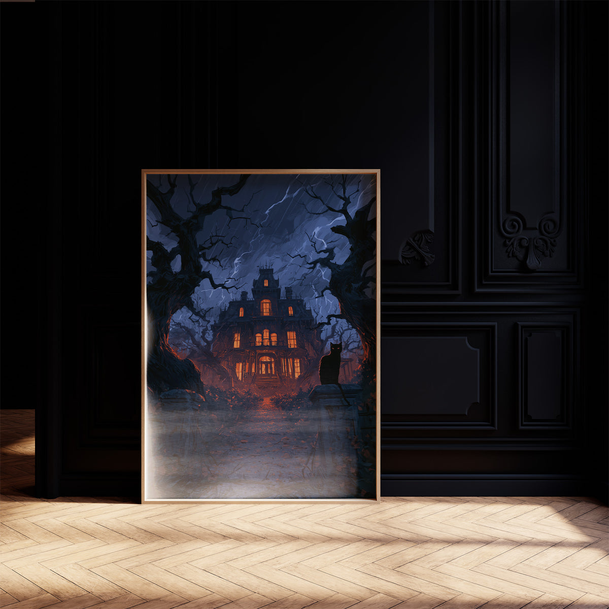 Every Window Left Burning, old manor with every window glowing under a stormy blue sky painting, on a black paneled wall with sunlit herringbone floor