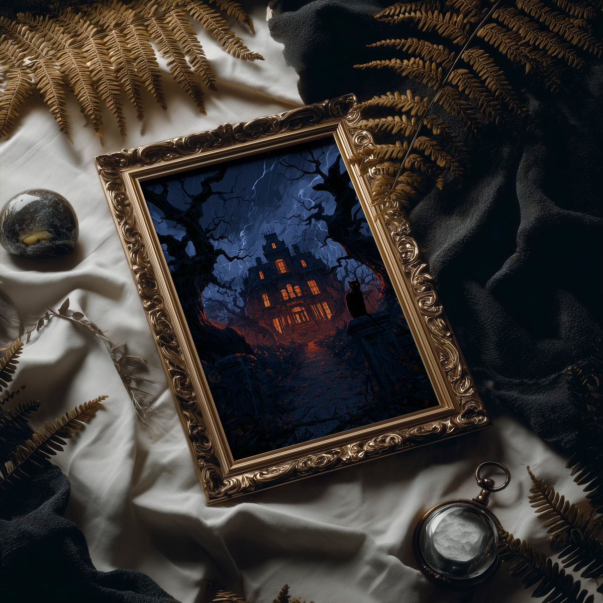 Every Window Left Burning, old manor with every window glowing under a stormy blue sky painting, in an antique gold frame laid on white linen with ferns and a pocket watch
