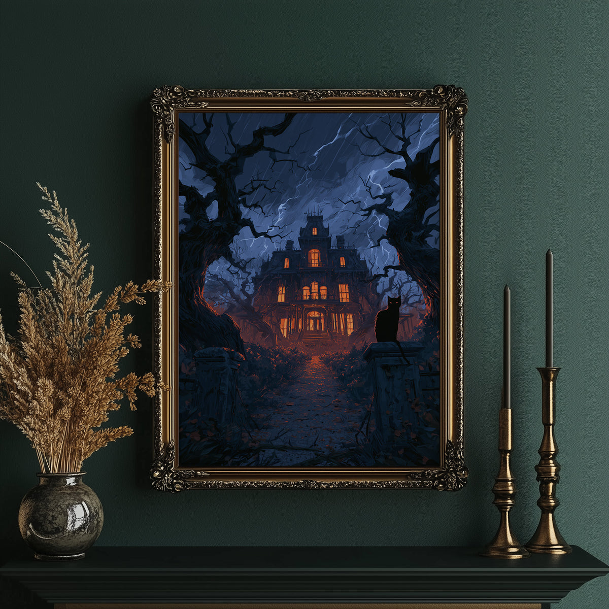 Every Window Left Burning, old manor with every window glowing under a stormy blue sky painting, in an ornate gold frame on a deep green wall beside brass candlesticks