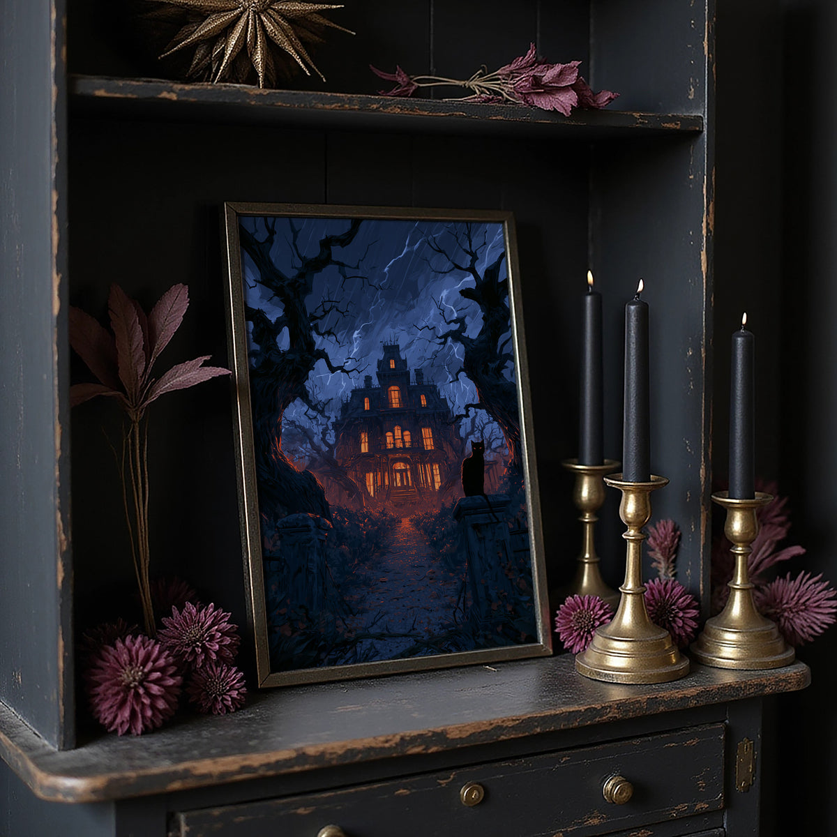 Every Window Left Burning, old manor with every window glowing under a stormy blue sky painting, on a dark wooden cabinet shelf with candles and dried flowers