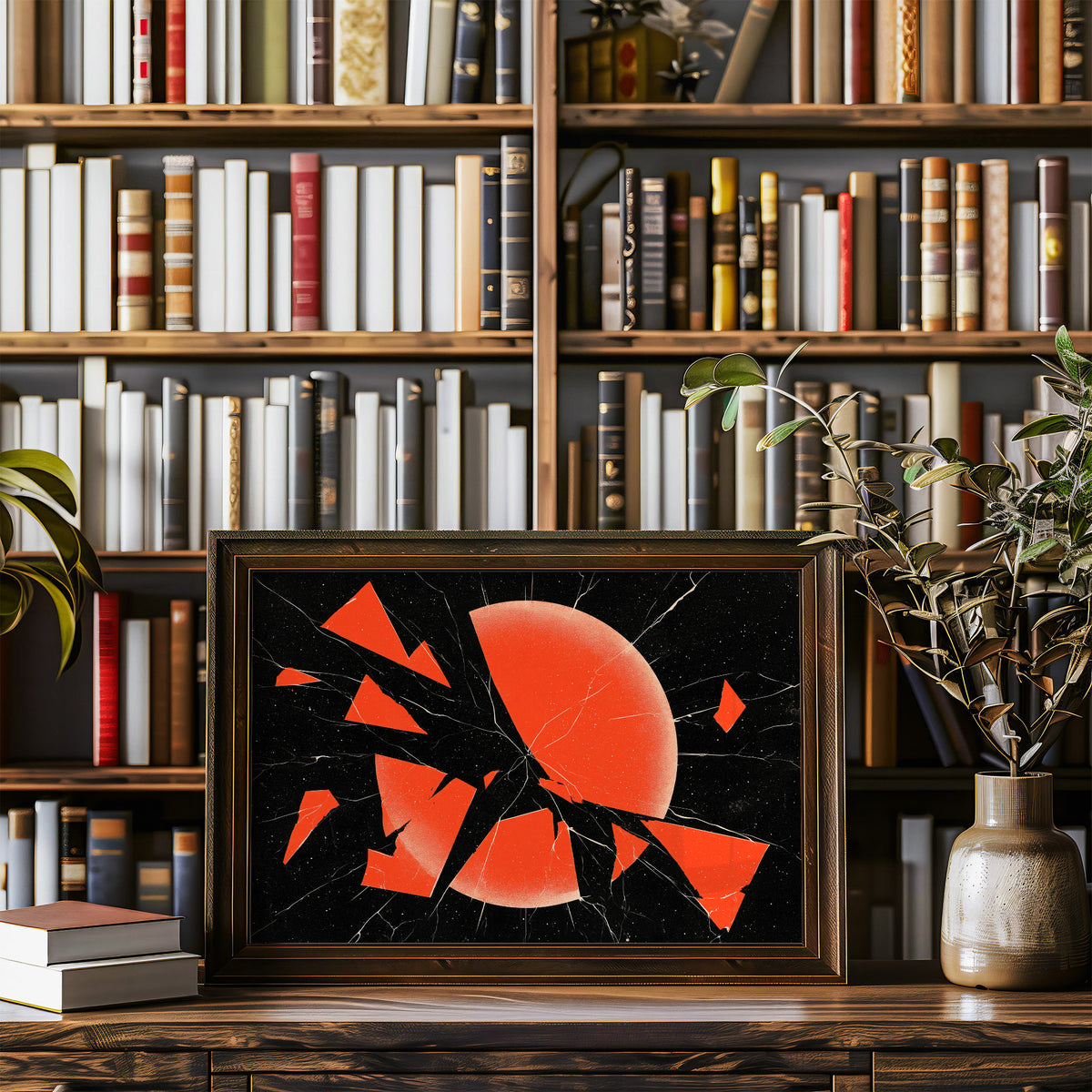 Everything Cracked, Nothing Dimmed, shattered red sun abstract on black, in a wood frame on a bookshelf wall beside a vase of olive branches
