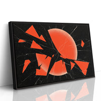 Everything Cracked, Nothing Dimmed, shattered red sun abstract on black, as a framed canvas in a black frame