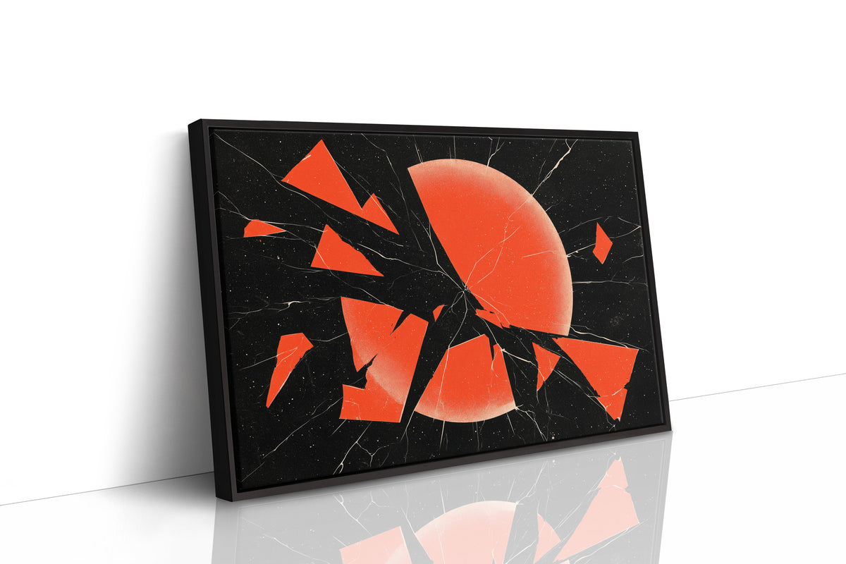 Everything Cracked, Nothing Dimmed, shattered red sun abstract on black, as a framed canvas in a black frame