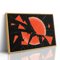 Everything Cracked, Nothing Dimmed, shattered red sun abstract on black, as a framed canvas in a natural wood frame