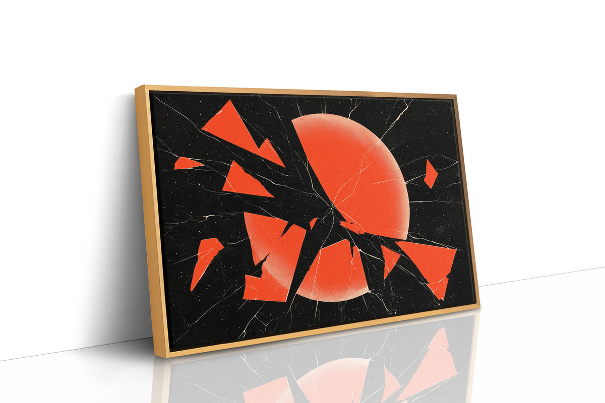 Everything Cracked, Nothing Dimmed, shattered red sun abstract on black, as a framed canvas in a natural wood frame