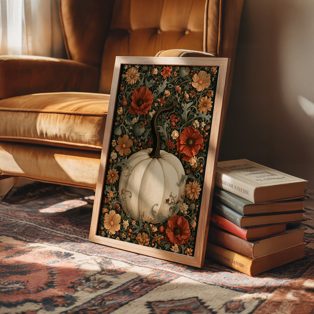 Finest Florals on a Round Gourd, a pale pumpkin wearing red poppies, peach blooms and curling vines against a dark green damask ground, painted in cream, oxblood and deep green, in a wood frame on a rug beside a leather armchair and a stack of books