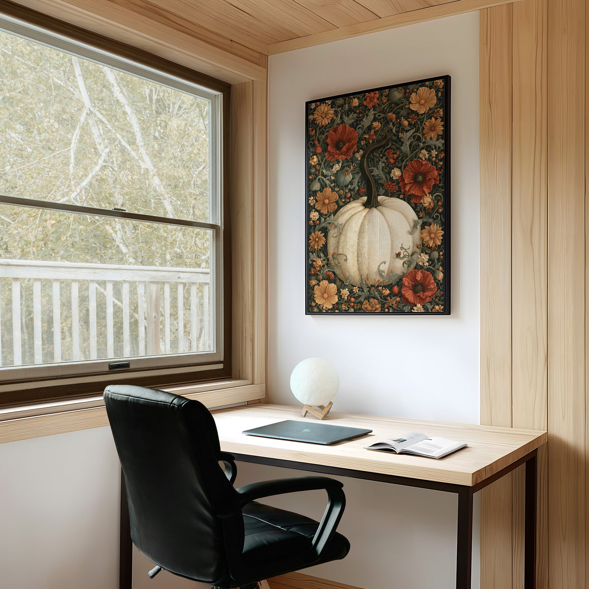 Finest Florals on a Round Gourd, a pale pumpkin wearing red poppies, peach blooms and curling vines against a dark green damask ground, painted in cream, oxblood and deep green, on a study wall above a writing desk and a black desk chair