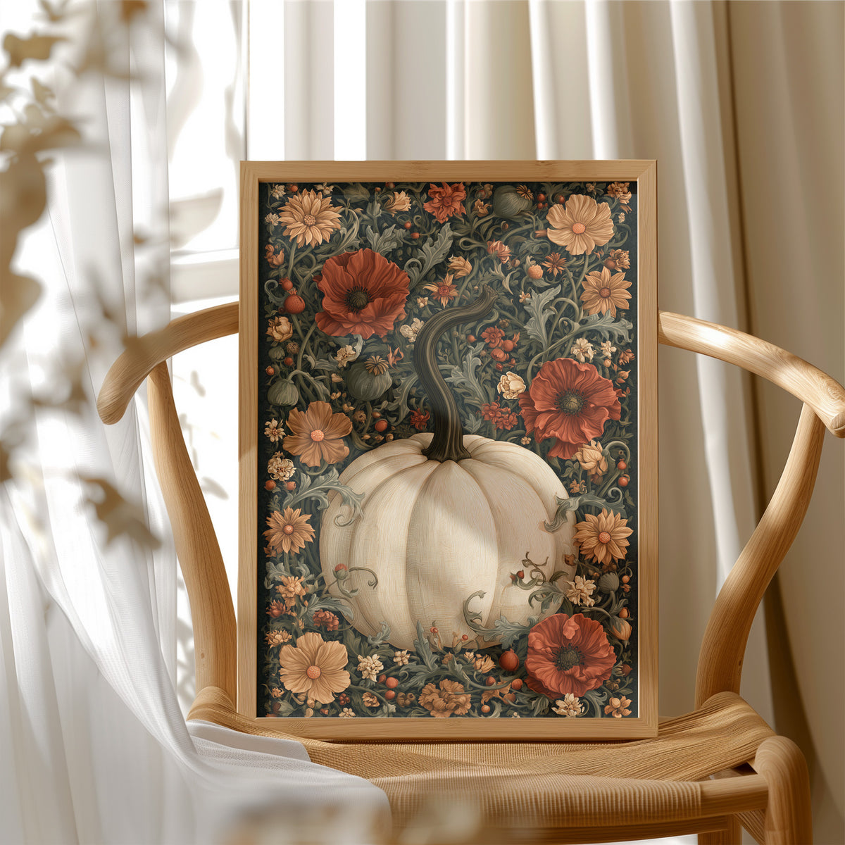 Finest Florals on a Round Gourd, a pale pumpkin wearing red poppies, peach blooms and curling vines against a dark green damask ground, painted in cream, oxblood and deep green, in a wood frame beside a wicker chair by a sunny window