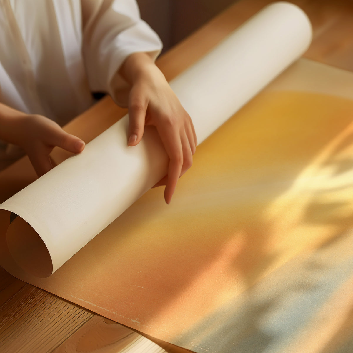 First Light Over a Quiet Sea, a pale sunrise over a soft sea, a warm yellow sun glowing above a band of blue water and peach clouds, with the words FIRST LIGHT in gray capitals across the top and a small Japanese word beside them, as a matte poster, unframed