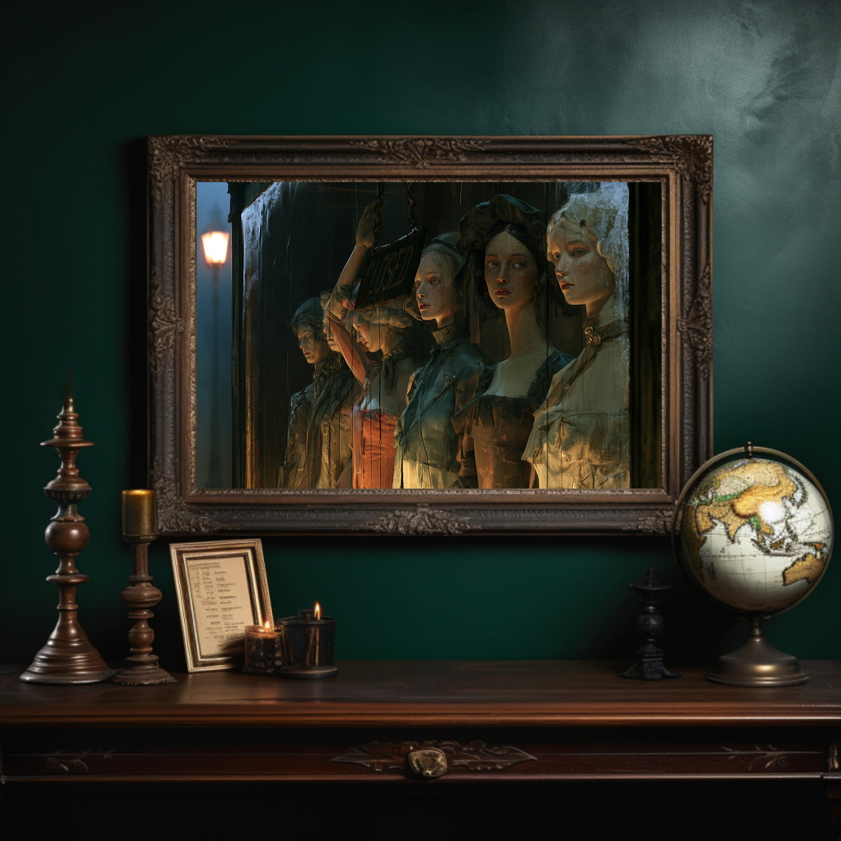Five Faces Beneath the Sign, five women in period dress standing in a dim doorway beneath a hanging sign, lit by one warm lamp and painted in teal, umber and amber, in an ornate dark frame on a deep green wall above a mantel with a globe and candles