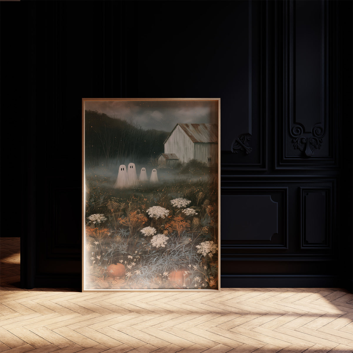 Fog Settles on the Low Field, a dark barn on a hill above a meadow of cream and rust wildflowers, a pale mist in the valley and two faint pale figures at the edge of the field, painted in forest green, rust and bone, in a dark frame on a black paneled wall above a sunlit herringbone floor