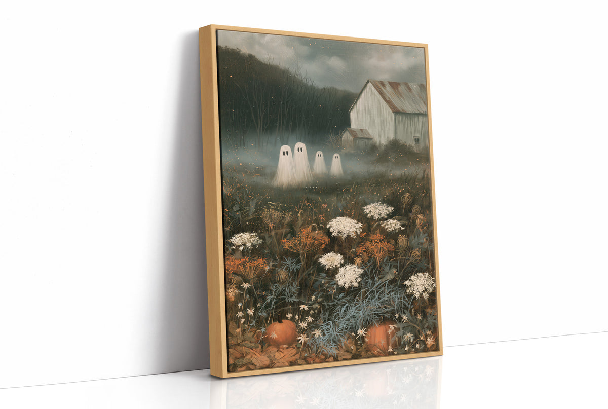Fog Settles on the Low Field, a dark barn on a hill above a meadow of cream and rust wildflowers, a pale mist in the valley and two faint pale figures at the edge of the field, painted in forest green, rust and bone, as a framed canvas in a natural wood frame