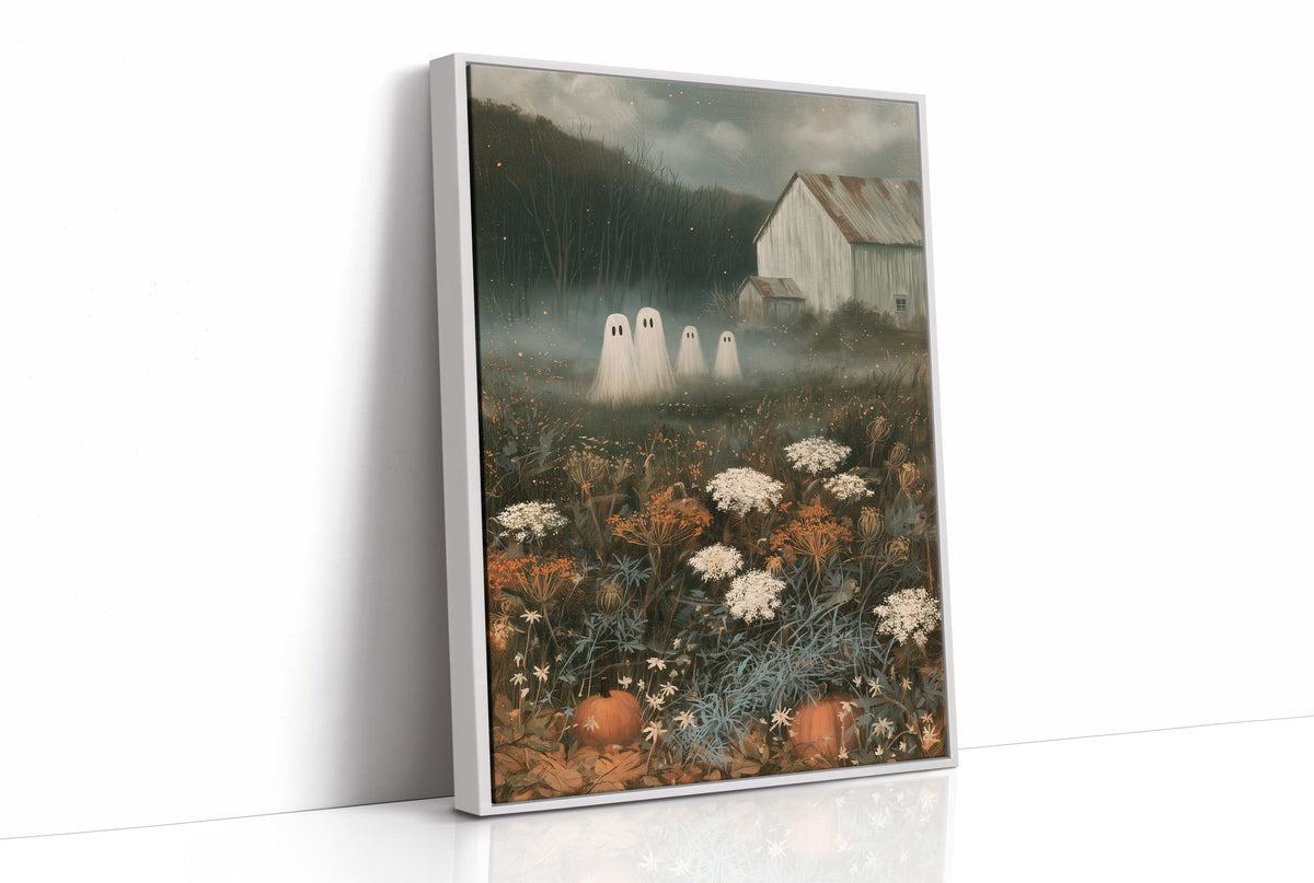 Fog Settles on the Low Field, a dark barn on a hill above a meadow of cream and rust wildflowers, a pale mist in the valley and two faint pale figures at the edge of the field, painted in forest green, rust and bone, as a framed canvas in a white frame