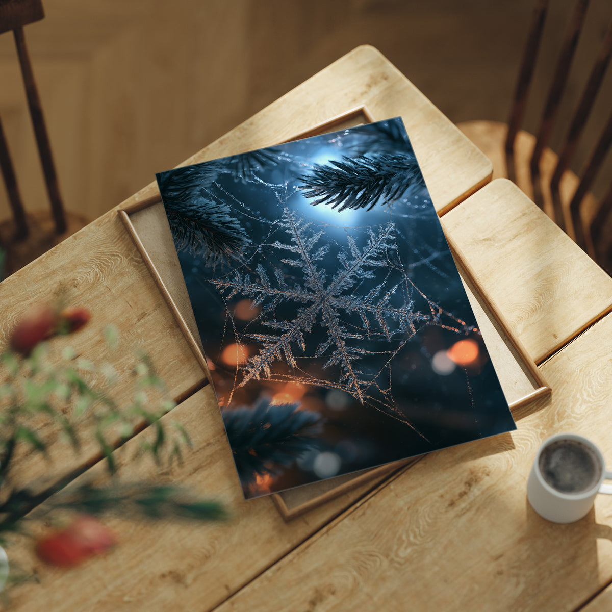 Frost Keeps Its Own Hours, a frost snowflake laid over a pine bough at night, with warm bokeh lights in navy, silver and amber, lying flat on a light wood table beside a coffee cup and red berries