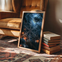 Frost Keeps Its Own Hours, a frost snowflake laid over a pine bough at night, with warm bokeh lights in navy, silver and amber, in a wood frame on a rug beside a leather armchair and a stack of books