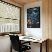 Frost Keeps Its Own Hours, a frost snowflake laid over a pine bough at night, with warm bokeh lights in navy, silver and amber, on a study wall above a writing desk and a black desk chair