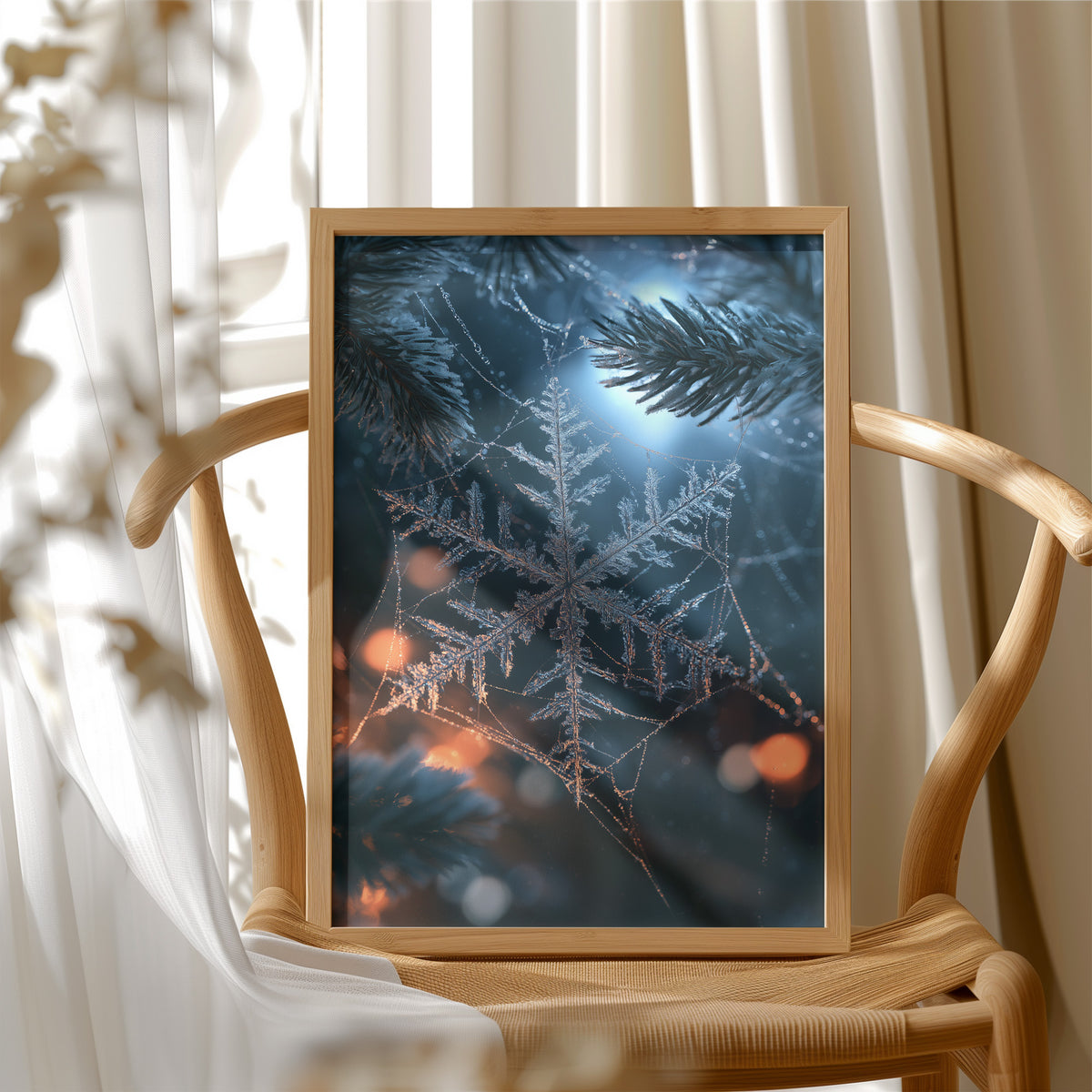 Frost Keeps Its Own Hours, a frost snowflake laid over a pine bough at night, with warm bokeh lights in navy, silver and amber, in a wood frame beside a wicker chair by a sunny window
