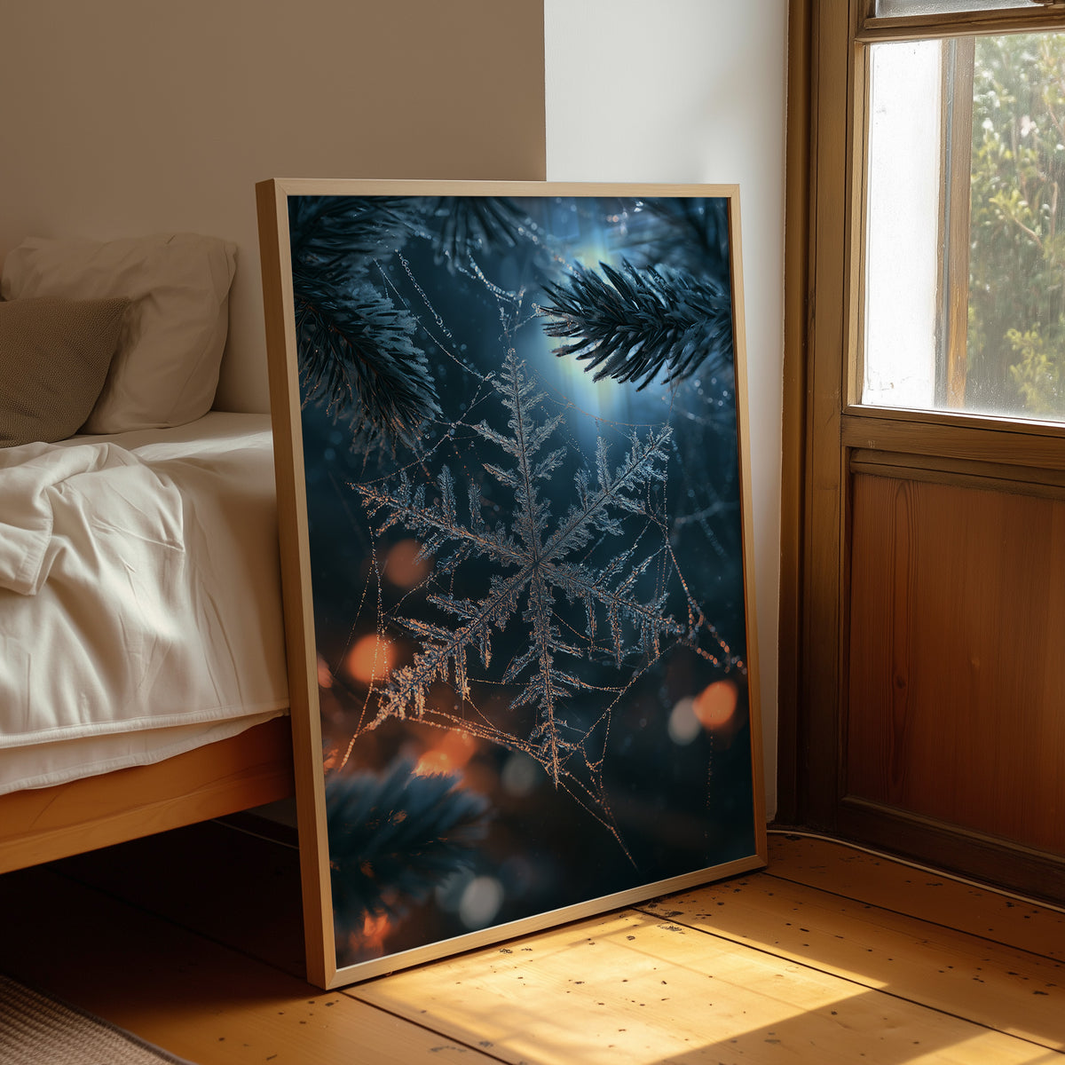 Frost Keeps Its Own Hours, a frost snowflake laid over a pine bough at night, with warm bokeh lights in navy, silver and amber, leaning on a wood floor in a bedroom beside white linen bedding