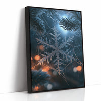 Frost Keeps Its Own Hours, a frost snowflake laid over a pine bough at night, with warm bokeh lights in navy, silver and amber, as a framed canvas in a black frame