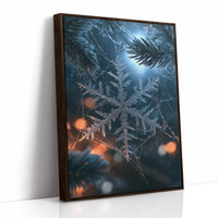 Frost Keeps Its Own Hours, a frost snowflake laid over a pine bough at night, with warm bokeh lights in navy, silver and amber, as a framed canvas in a brown frame