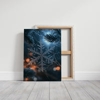 Frost Keeps Its Own Hours, a frost snowflake laid over a pine bough at night, with warm bokeh lights in navy, silver and amber, on a gallery canvas with wrapped edges leaning against a white wall