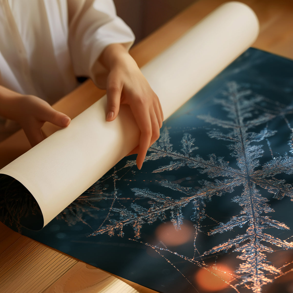 Frost Keeps Its Own Hours, a frost snowflake laid over a pine bough at night, with warm bokeh lights in navy, silver and amber, as a matte poster, unframed