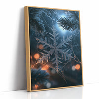 Frost Keeps Its Own Hours, a frost snowflake laid over a pine bough at night, with warm bokeh lights in navy, silver and amber, as a framed canvas in a natural wood frame