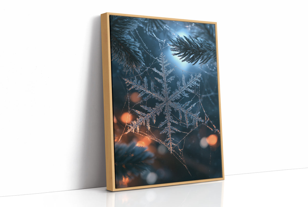 Frost Keeps Its Own Hours, a frost snowflake laid over a pine bough at night, with warm bokeh lights in navy, silver and amber, as a framed canvas in a natural wood frame