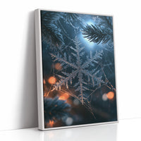 Frost Keeps Its Own Hours, a frost snowflake laid over a pine bough at night, with warm bokeh lights in navy, silver and amber, as a framed canvas in a white frame