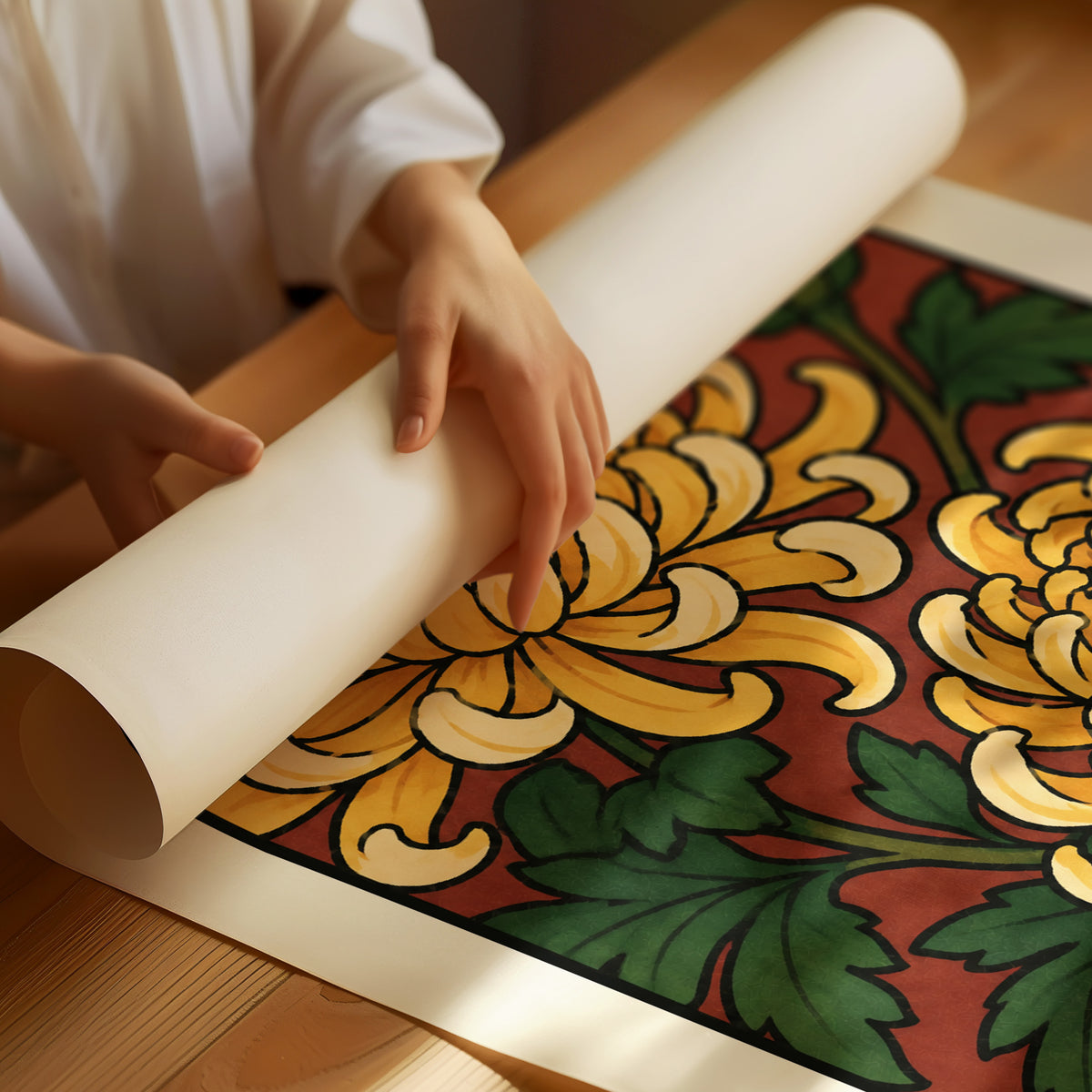 Gold Chrysanthemums Holding Their Ground, a cluster of yellow chrysanthemum blooms with green leaves and a bud on a rust red ground, with the words Bloom through what you go through in small black lettering along the bottom, as a matte poster, unframed