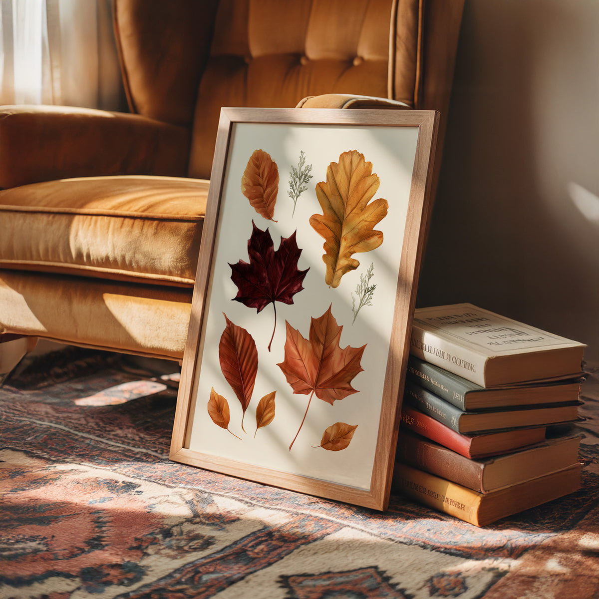 Gold Keeps Its Shape, a cluster of pressed autumn leaves in rust, maroon and gold on a cream ground, drawn in a botanical journal style, in a wood frame on a rug beside a leather armchair and a stack of books