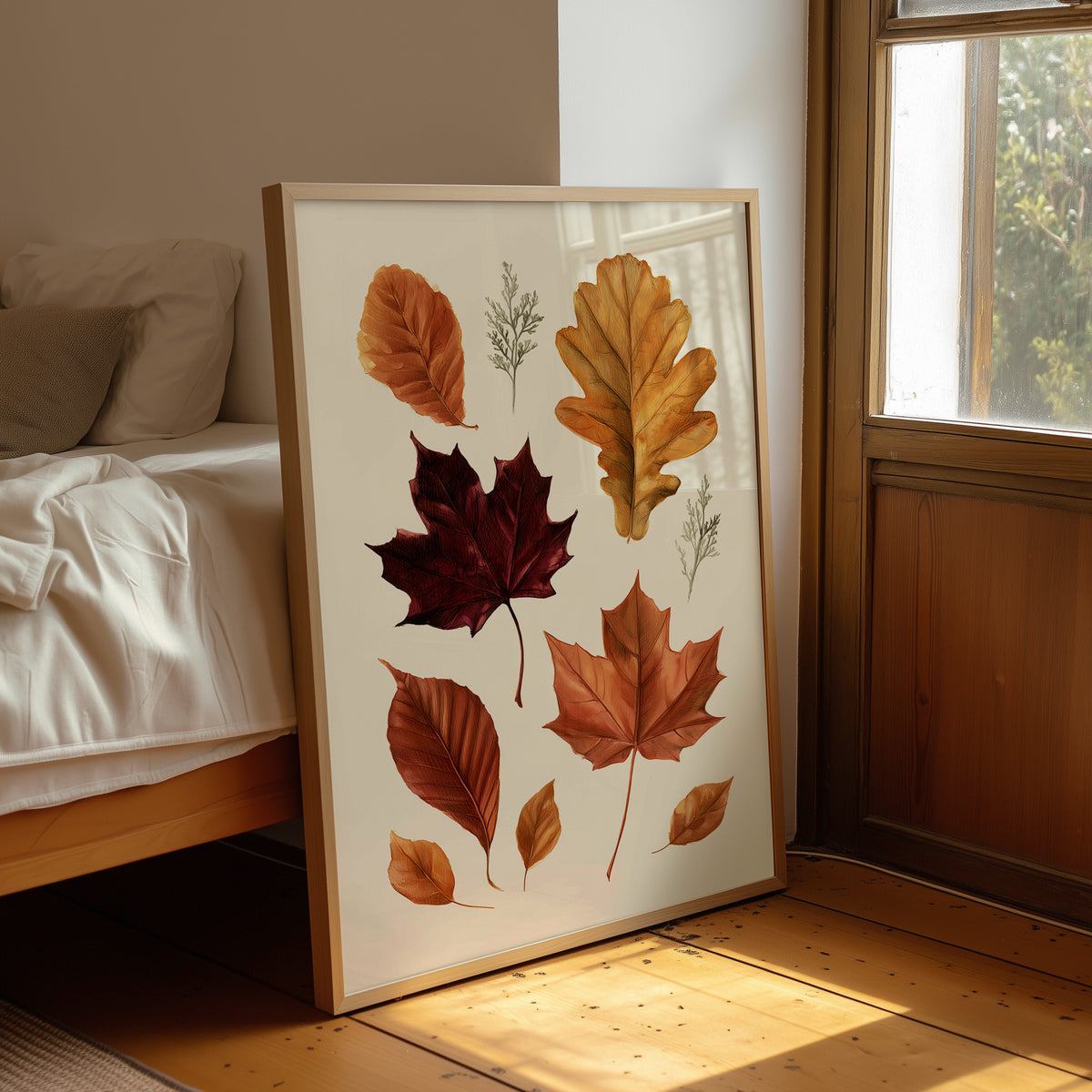 Gold Keeps Its Shape, a cluster of pressed autumn leaves in rust, maroon and gold on a cream ground, drawn in a botanical journal style, leaning on a wood floor in a bedroom beside white linen bedding